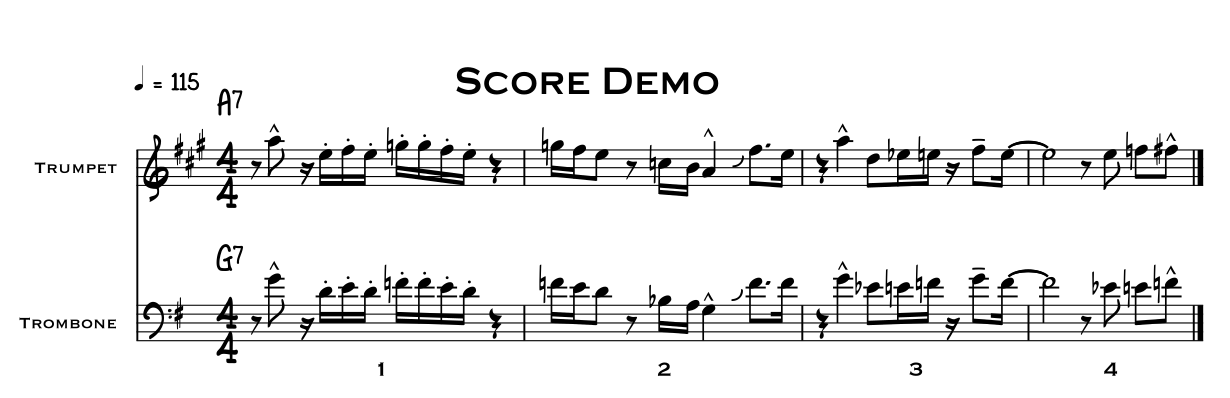 A score for trumpet and trombone, with the chord A7 over the trumpet and G7 over the trombone.
