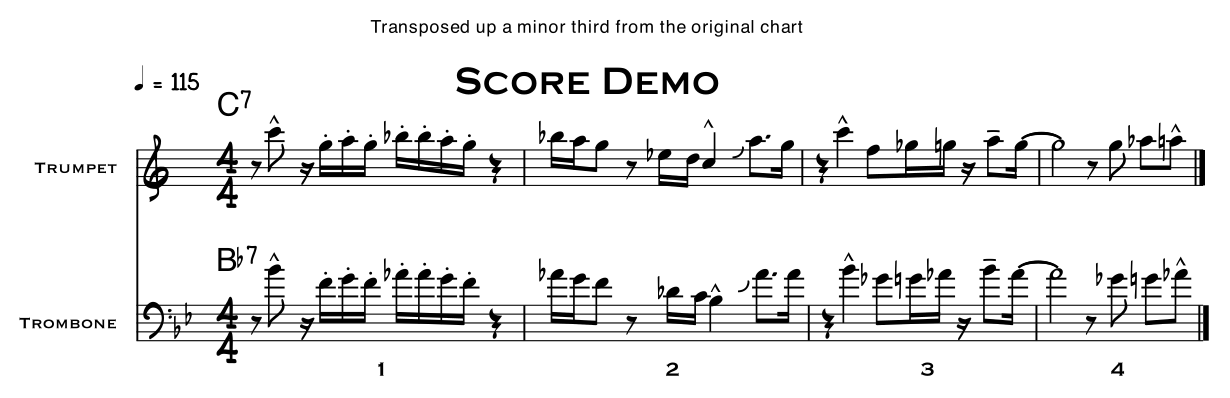The same two parts transposed up a minor third, with the chords now C7 and B flat 7. Every staff line, barline and chord symbol sits exactly where it did.